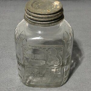 VINTAGE-RARE SUNSHINE COFFEE GLASS JAR W/ORIGINAL LID-LION LOGO- COLLECTIBLE